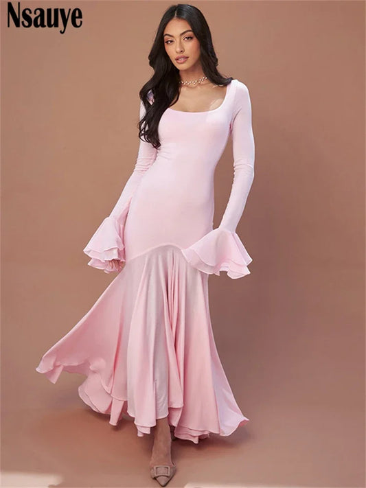 Flare Sleeve Ruffles Maxi Dress